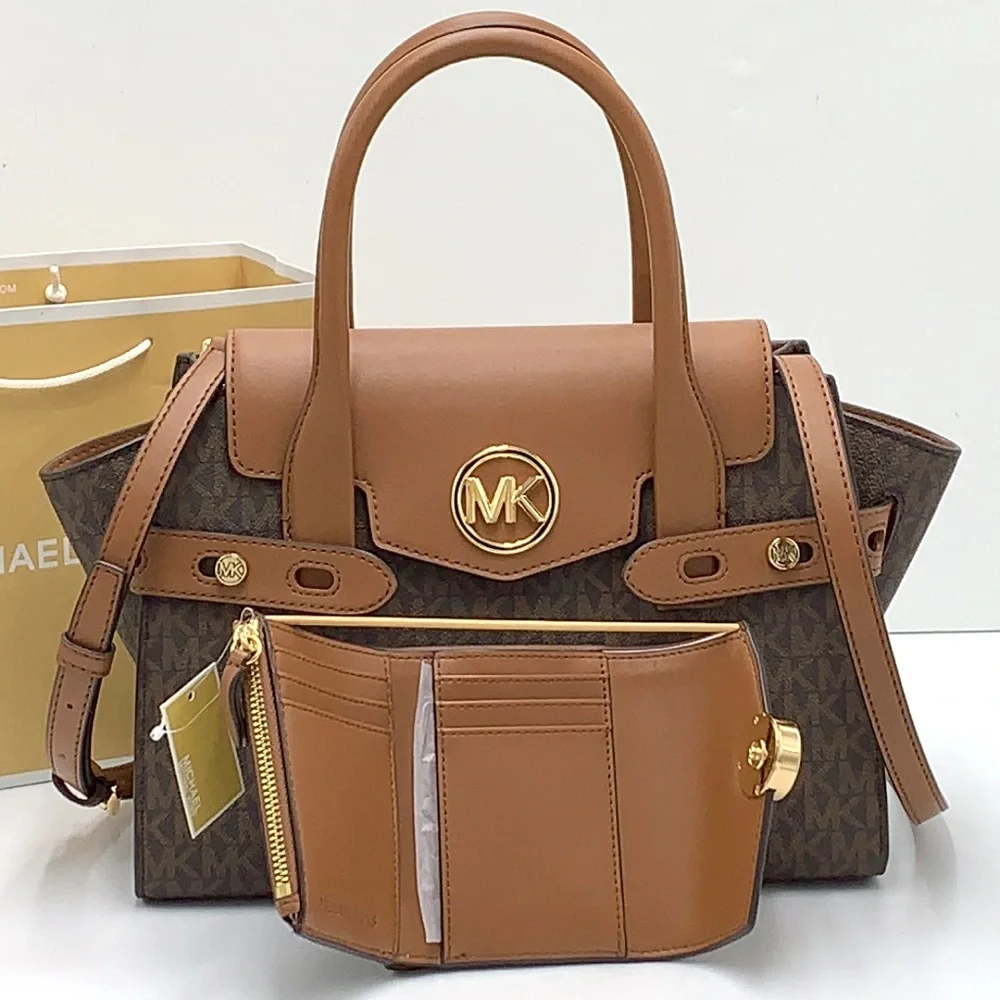 MICHAEL KORS Carmen Medium Faux Leather Belted Satchel & MD FLAP BIFOLD WALLET